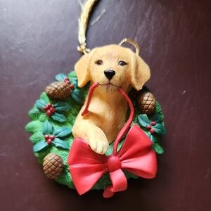 Lenox Golden Dog Ornament with Red Bow and Green Wreath